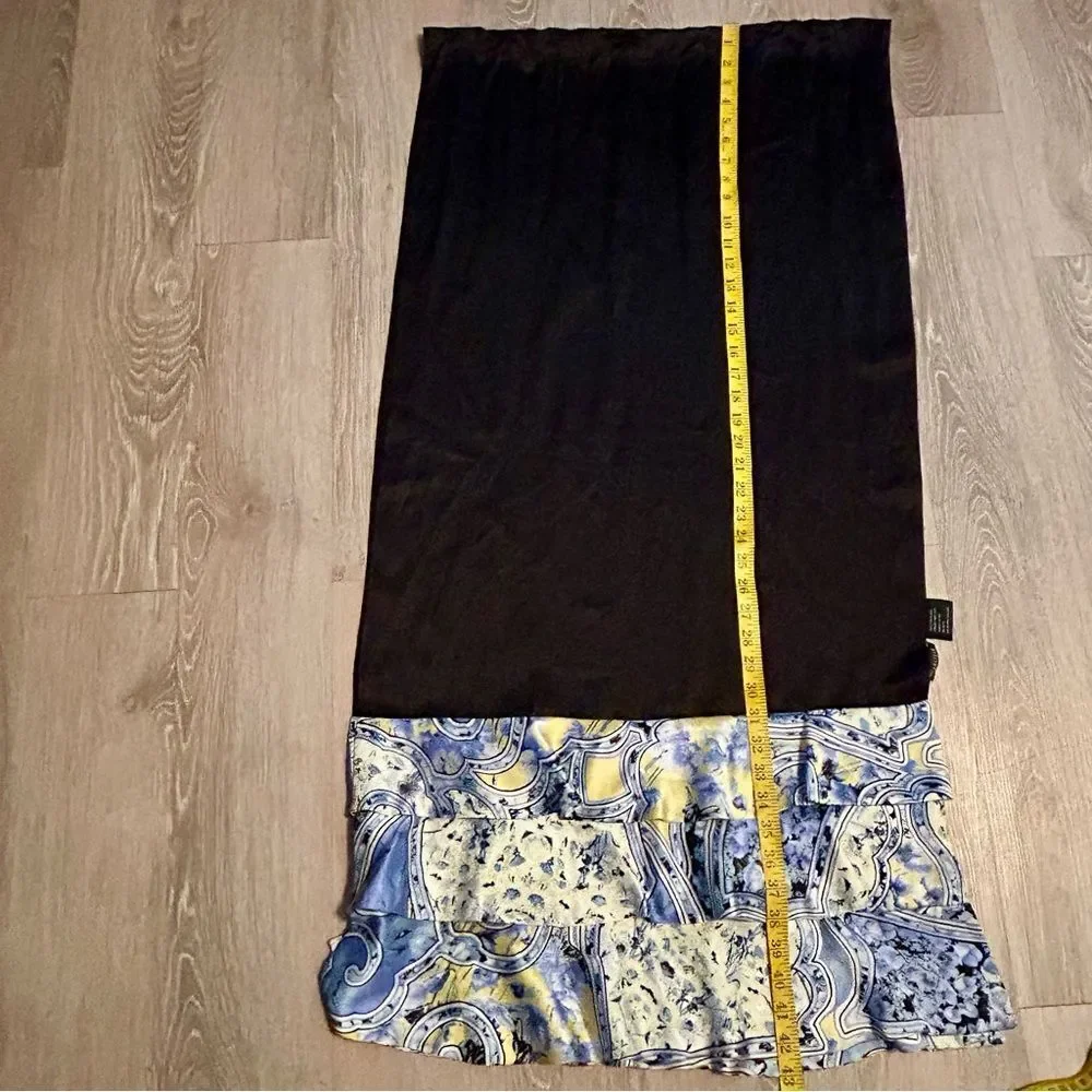 Carlisle Elegant Black Silk Cape Scarf Wrap Blue White Floral Paisley Hem Ruffle